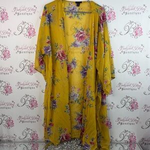 U2B kimono robe style cardigan flowy bright flowers Yellow Floral Kimono